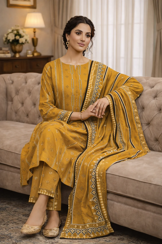 Elegant Mustard Printed 3-Piece Suit for Women