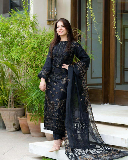 Elegant Black Embroidered 3-Piece Suit for Women
