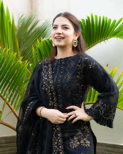 Elegant Black Embroidered 3-Piece Suit for Women