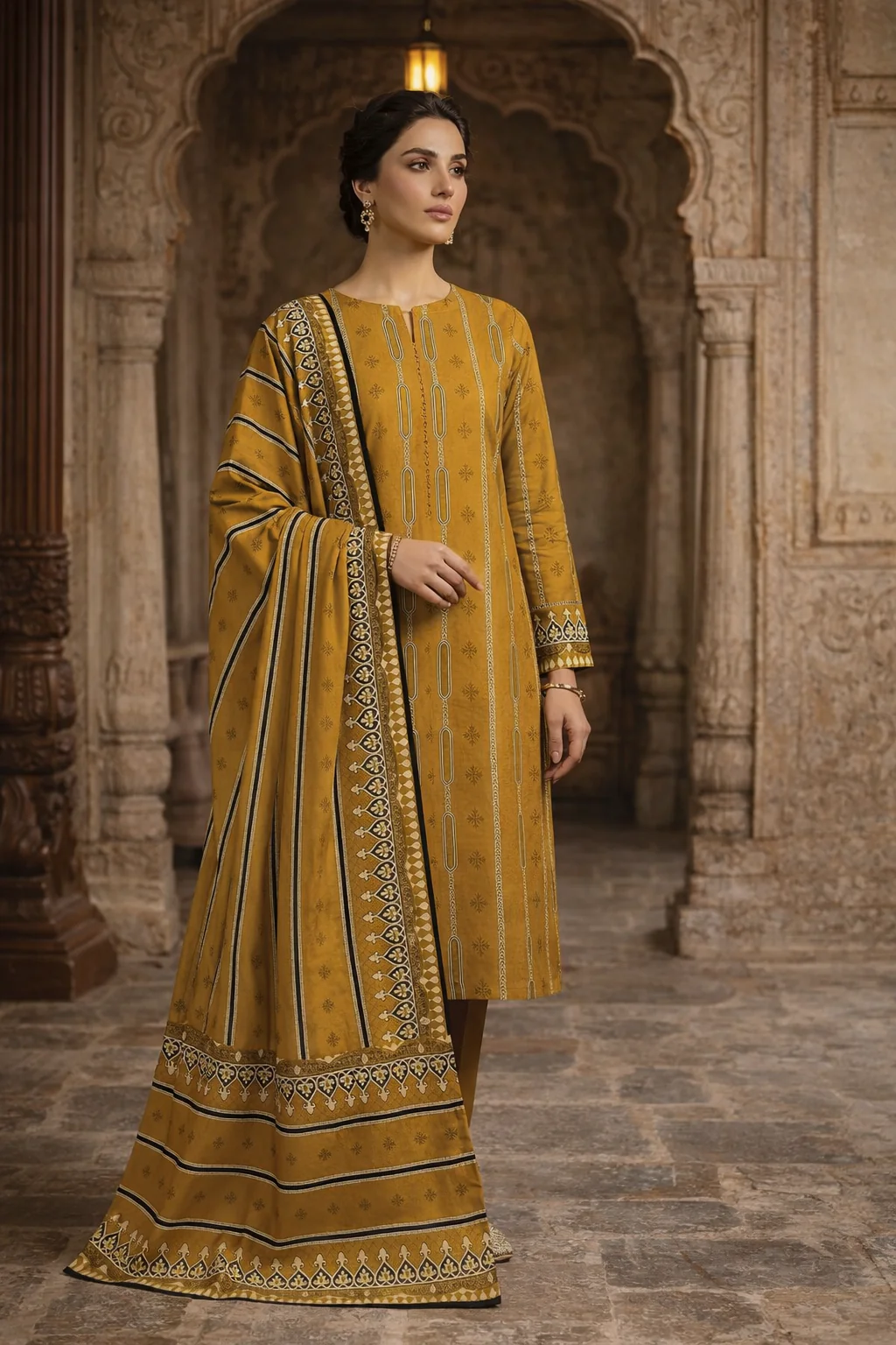 Elegant Mustard Printed 3-Piece Suit for Women